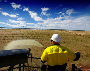 Closeup of Spray Grass Australia spraying hydroseeding mixture from cannons on customised HydroRig 